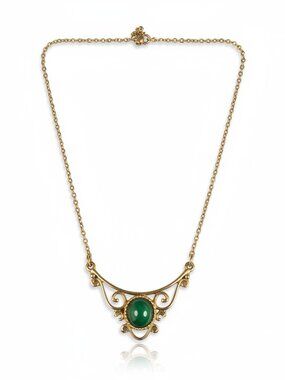 Women's Vintage Gold Plated Green Resin Dainty Necklace 19" L